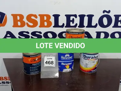 LOTE 468 - 02 LATAS DE TINTA BASE 3,2L ACETINADO BASE A2 MARCA SUVINIL, 01 LATA DE ESMALTE SINTÉTICO 3,2L COR AZUL FRANÇA MARCA DURALUXE E 01 LATA DE TINTA ACRÍLICA 3,2 MARCA RENOVARE. (NO ESTADO) ATENÇÃO! FAZER A VISITAÇÃO ANTES DE ARREMATAR, NÃO SABEMOS SE FUNCIONA, LEILÃO NÃO TEM GARANTIA E NEM DEVOLUÇÃO, SUJEITO A POSSÍVEIS AVARIAS VISÍVEIS/OCULTAS E/OU AUSÊNCIA DE COMPONENTES.