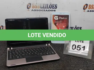 LOTE 051 - 01 TABLET MARCA LG E 01 NETBOOK MARCA MOOVE. (NO ESTADO) ATENÇÃO! FAZER A VISITAÇÃO ANTES DE ARREMATAR, NÃO SABEMOS SE FUNCIONA. LEILÃO NÃO TEM GARANTIA E NEM DEVOLUÇÃO, SUJEITO A POSSÍVEIS AVARIAS VISÍVEIS/OCULTAS E/OU AUSÊNCIA DE COMPONENTES.