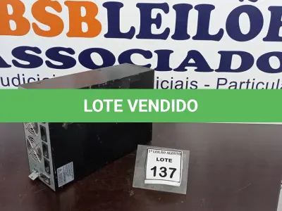 LOTE 137 - 01 NOBREAK MARCA SMS. (NO ESTADO) ATENÇÃO! FAZER A VISITAÇÃO ANTES DE ARREMATAR, NÃO SABEMOS SE FUNCIONA. LEILÃO NÃO TEM GARANTIA E NEM DEVOLUÇÃO, SUJEITO A POSSÍVEIS AVARIAS VISÍVEIS/OCULTAS E/OU AUSÊNCIA DE COMPONENTES.
