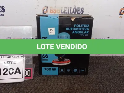 LOTE 120 - 01 POLITRIZ AUTOMOTIVA ANGULAR 700W 6VELOCIDADES 600-4000RPM 220V COM PUNHO, CHAVE, DISCO E BOINA DE LÃ. (NO ESTADO) ATENÇÃO! FAZER A VISITAÇÃO ANTES DE ARREMATAR, NÃO SABEMOS SE FUNCIONA. LEILÃO NÃO TEM GARANTIA E NEM DEVOLUÇÃO, SUJEITO A POSSÍVEIS AVARIAS VISÍVEIS/OCULTAS E/OU AUSÊNCIA DE COMPONENTES.