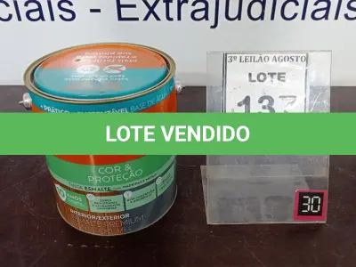 LOTE 137 - 01 LATA DE TINTA ESMALTE DE 3,6L NA COR BRILHANTE TABACO MARCA SUVINIL. (NO ESTADO) ATENÇÃO! FAZER A VISITAÇÃO ANTES DE ARREMATAR, NÃO SABEMOS SE FUNCIONA. LEILÃO NÃO TEM GARANTIA E NEM DEVOLUÇÃO, SUJEITO A POSSÍVEIS AVARIAS VISÍVEIS/OCULTAS E/OU AUSÊNCIA DE COMPONENTES.