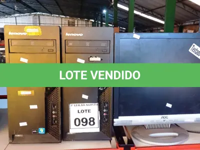 LOTE 098 - 02 CPU MARCA LENOVO E 02 MONITORES MARCA AOC. (NO ESTADO) ATENÇÃO! FAZER A VISITAÇÃO ANTES DE ARREMATAR, NÃO SABEMOS SE FUNCIONA, LEILÃO NÃO TEM GARANTIA E NEM DEVOLUÇÃO, SUJEITO A POSSÍVEIS AVARIAS VISÍVEIS/OCULTAS E/OU AUSÊNCIA DE COMPONENTES.