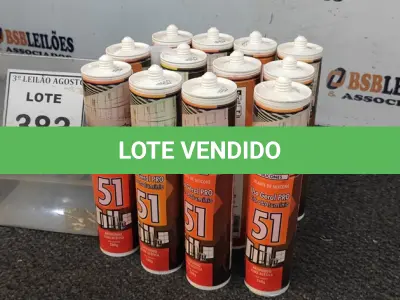LOTE 383 - 12 BISNAGAS DE SELANTE SILICONE COM 260G MARCA PRODERSIL. (NO ESTADO) ATENÇÃO! FAZER A VISITAÇÃO ANTES DE ARREMATAR, NÃO SABEMOS SE FUNCIONA, LEILÃO NÃO TEM GARANTIA E NEM DEVOLUÇÃO, SUJEITO A POSSÍVEIS AVARIAS VISÍVEIS/OCULTAS E/OU AUSÊNCIA DE COMPONENTES.