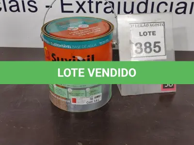 LOTE 385 - 01 LATA DE TINTA SUVINIL ESMALTE PREMIUM INTERIOR/EXTERIOR 3,6L NA COR VERMELHO BRILHANTE. (NO ESTADO) ATENÇÃO! FAZER A VISITAÇÃO ANTES DE ARREMATAR, NÃO SABEMOS SE FUNCIONA. LEILÃO NÃO TEM GARANTIA E NEM DEVOLUÇÃO, SUJEITO A POSSÍVEIS AVARIAS VISÍVEIS/OCULTAS E/OU AUSÊNCIA DE COMPONENTES.