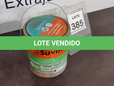 LOTE 385 - 01 LATA DE TINTA SUVINIL ESMALTE PREMIUM INTERIOR/EXTERIOR 3,6L NA COR VERMELHO BRILHANTE. (NO ESTADO) ATENÇÃO! FAZER A VISITAÇÃO ANTES DE ARREMATAR, NÃO SABEMOS SE FUNCIONA. LEILÃO NÃO TEM GARANTIA E NEM DEVOLUÇÃO, SUJEITO A POSSÍVEIS AVARIAS VISÍVEIS/OCULTAS E/OU AUSÊNCIA DE COMPONENTES.