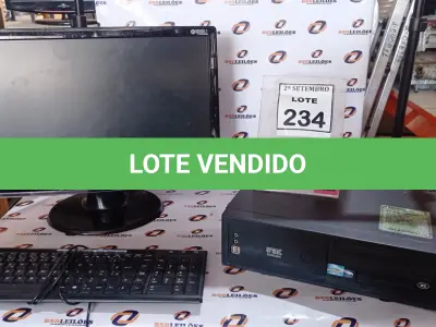 LOTE 234 - 01 CPU, 01 MONITOR MARCA LG E 01 TECLADO. (NO ESTADO) ATENÇÃO! FAZER A VISITAÇÃO ANTES DE ARREMATAR, NÃO SABEMOS SE FUNCIONA, LEILÃO NÃO TEM GARANTIA E NEM DEVOLUÇÃO, SUJEITO A POSSÍVEIS AVARIAS VISÍVEIS/OCULTAS E/OU AUSÊNCIA DE COMPONENTES.