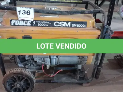 LOTE 136 - 01 GERADOR DE ENERGIA CSM MONOFÁSICO 9 KVA GASOLINA MARCA CSM. (NO ESTADO, NÃO SABEMOS SE FUNCIONA. LEILÃO NÃO TEM GARANTIA E NEM DEVOLUÇÃO, SUJEITO A POSSÍVEIS AVARIAS VISÍVEIS/OCULTAS E/OU AUSÊNCIA DE COMPONENTES)