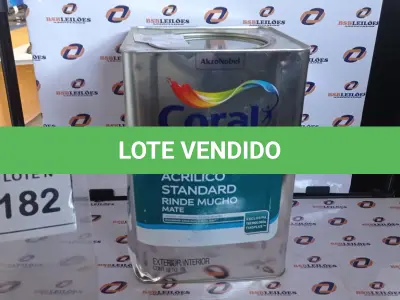 LOTE 182 - 01 LATA DE TINTA ACRILICA 18L NA COR BRANCA MARCA CORAL. (NO ESTADO, NÃO SABEMOS SE FUNCIONA. LEILÃO NÃO TEM GARANTIA E NEM DEVOLUÇÃO, SUJEITO A POSSÍVEIS AVARIAS VISÍVEIS/OCULTAS E/OU AUSÊNCIA DE COMPONENTES)