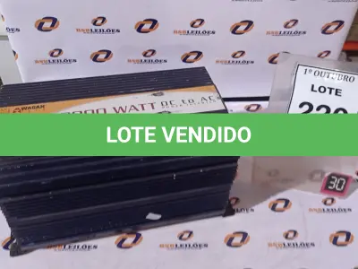 LOTE 220 - 01 INVERSOR DE ENERGIA DE DC PARA AC DE 300WATTS. (NO ESTADO) ATENÇÃO! FAZER A VISITAÇÃO ANTES DE ARREMATAR, NÃO SABEMOS SE FUNCIONA, LEILÃO NÃO TEM GARANTIA E NEM DEVOLUÇÃO, SUJEITO A POSSÍVEIS AVARIAS VISÍVEIS/OCULTAS E/OU AUSÊNCIA DE COMPONENTES.