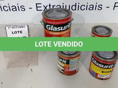 LOTE 385 - 01 LATA DE ESMALTE SINTÉTICO COM 3,6L NA COR BRILHANTE LARANJA IPÊ MARCA GLASURIT E 03 LATAS DE ESMALTE SINTÉTICO COM 900ML CORES VARIADAS MARCA GLASURIT. (NO ESTADO) ATENÇÃO! FAZER A VISITAÇÃO ANTES DE ARREMATAR, NÃO SABEMOS SE FUNCIONA, LEILÃO NÃO TEM GARANTIA E NEM DEVOLUÇÃO, SUJEITO A POSSÍVEIS AVARIAS VISÍVEIS/OCULTAS E/OU AUSÊNCIA DE COMPONENTES.