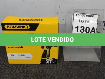 LOTE 130 - 01 PARAFUSADEIRA A BATERIA 12V 2BITS E CARREGADOR (PRODUTO NOVO). (NO ESTADO) ATENÇÃO! FAZER A VISITAÇÃO ANTES DE ARREMATAR, NÃO SABEMOS SE FUNCIONA, LEILÃO NÃO TEM GARANTIA E NEM DEVOLUÇÃO, SUJEITO A POSSÍVEIS AVARIAS VISÍVEIS/OCULTAS E/OU AUSÊNCIA DE COMPONENTES.