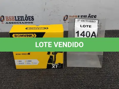 LOTE 140 - 01 PARAFUSADEIRA A BATERIA 12V 2BITS E CARREGADOR (PRODUTO NOVO) (NO ESTADO) ATENÇÃO! FAZER A VISITAÇÃO ANTES DE ARREMATAR, NÃO SABEMOS SE FUNCIONA, LEILÃO NÃO TEM GARANTIA E NEM DEVOLUÇÃO, SUJEITO A POSSÍVEIS AVARIAS VISÍVEIS/OCULTAS E/OU AUSÊNCIA DE COMPONENTES.
