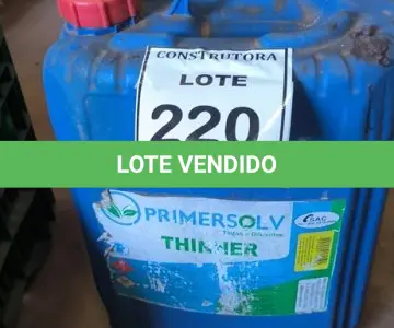 LOTE 220 - 01 GALÃO DE THINNER. (NO ESTADO) ATENÇÃO! FAZER A VISITAÇÃO ANTES DE ARREMATAR, NÃO SABEMOS SE FUNCIONA, LEILÃO NÃO TEM GARANTIA E NEM DEVOLUÇÃO, SUJEITO A POSSÍVEIS AVARIAS VISÍVEIS/OCULTAS E/OU AUSÊNCIA DE COMPONENTES.