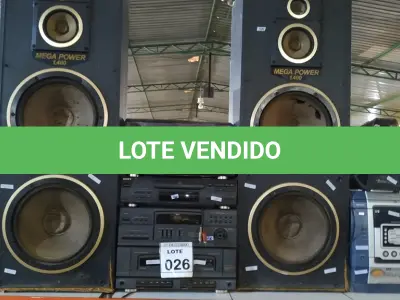 LOTE 026 - 02 APARELHOS TOCA VINIL MARCA SONY, 01 CP PLAYER MARCA SONY, 01 TOCA FITAS MARCA SONY, 01 MINI HI-FI SYSTEM MARCA TOSHIBA, 01 CAIXINHA DE SOM  MARCA MULTILASER E 02 CAIXAS DE SOM EM MADEIRA. (NO ESTADO) ATENÇÃO! FAZER A VISITAÇÃO ANTES DE ARREMATAR, NÃO SABEMOS SE FUNCIONA, LEILÃO NÃO TEM GARANTIA E NEM DEVOLUÇÃO, SUJEITO A POSSÍVEIS AVARIAS VISÍVEIS/OCULTAS E/OU AUSÊNCIA DE COMPONENTES.