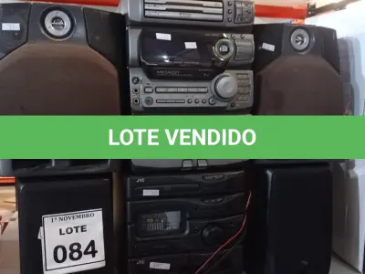 LOTE 084 - 02 APARELHOS DE SOM COM 02 CAIXAS MARCA JVC. (NO ESTADO) ATENÇÃO! FAZER A VISITAÇÃO ANTES DE ARREMATAR, NÃO SABEMOS SE FUNCIONA, LEILÃO NÃO TEM GARANTIA E NEM DEVOLUÇÃO, SUJEITO A POSSÍVEIS AVARIAS VISÍVEIS/OCULTAS E/OU AUSÊNCIA DE COMPONENTES.