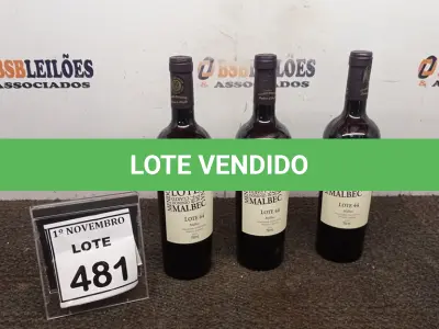 LOTE 481 - 03 GARRAFAS DE VINHO TINTO SECO FINO MALBEC LOTE 44 ARGENTINO SAFRA 2020 750ML. (NO ESTADO) ATENÇÃO! FAZER A VISITAÇÃO ANTES DE ARREMATAR, NÃO SABEMOS SE FUNCIONA, LEILÃO NÃO TEM GARANTIA E NEM DEVOLUÇÃO, SUJEITO A POSSÍVEIS AVARIAS VISÍVEIS/OCULTAS E/OU AUSÊNCIA DE COMPONENTES.