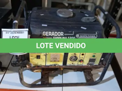 LOTE 052 - 01 GERADOR A GASOLINA MARCA MATSUYAMA. (NO ESTADO) ATENÇÃO! FAZER A VISITAÇÃO ANTES DE ARREMATAR, NÃO SABEMOS SE FUNCIONA, LEILÃO NÃO TEM GARANTIA E NEM DEVOLUÇÃO, SUJEITO A POSSÍVEIS AVARIAS VISÍVEIS/OCULTAS E/OU AUSÊNCIA DE COMPONENTES.