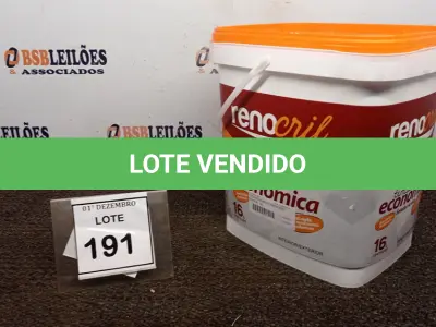 LOTE 191 - 01 LATA DE TINTA ACRÍLICA DE 16L NA COR BRANCO NEVE MARCA RENOCRIL. (NO ESTADO) ATENÇÃO! FAZER A VISITAÇÃO ANTES DE ARREMATAR, NÃO SABEMOS SE FUNCIONA, LEILÃO NÃO TEM GARANTIA E NEM DEVOLUÇÃO, SUJEITO A POSSÍVEIS AVARIAS VISÍVEIS/OCULTAS E/OU AUSÊNCIA DE COMPONENTES.