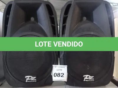 LOTE 082 - 02 CAIXAS DE SOM MARCA PZ PRO ÁUDIO. (NO ESTADO) ATENÇÃO! FAZER A VISITAÇÃO ANTES DE ARREMATAR, NÃO SABEMOS SE FUNCIONA. LEILÃO NÃO TEM GARANTIA E NEM DEVOLUÇÃO, SUJEITO A POSSÍVEIS AVARIAS VISÍVEIS/OCULTAS E/OU AUSÊNCIA DE COMPONENTES