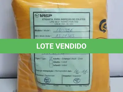 LOTE 039 - 01 COLETE SALVA VIDAS DA VASP. NOVO E COM FICHA VERIFICAÇAO DA VASP. (NO ESTADO) ATENÇÃO! FAZER A VISITAÇÃO ANTES DE ARREMATAR, NÃO SABEMOS SE FUNCIONA, LEILÃO NÃO TEM GARANTIA E NEM DEVOLUÇÃO, SUJEITO A POSSÍVEIS AVARIAS VISÍVEIS/OCULTAS E/OU AUSÊNCIA DE COMPONENTES.