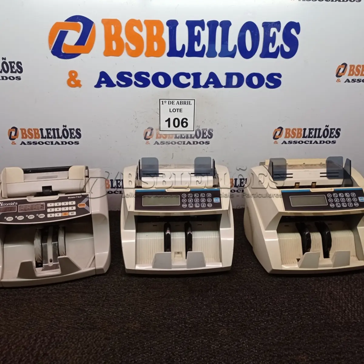 LOTE 106 - 03 CONTADORAS DE CÉDULAS. (NO ESTADO) ATENÇÃO! FAZER A VISITAÇÃO ANTES DE ARREMATAR, NÃO SABEMOS SE FUNCIONA. LEILÃO NÃO TEM GARANTIA E NEM DEVOLUÇÃO, SUJEITO A POSSÍVEIS AVARIAS VISÍVEIS/OCULTAS E/OU AUSÊNCIA DE COMPONENTES.