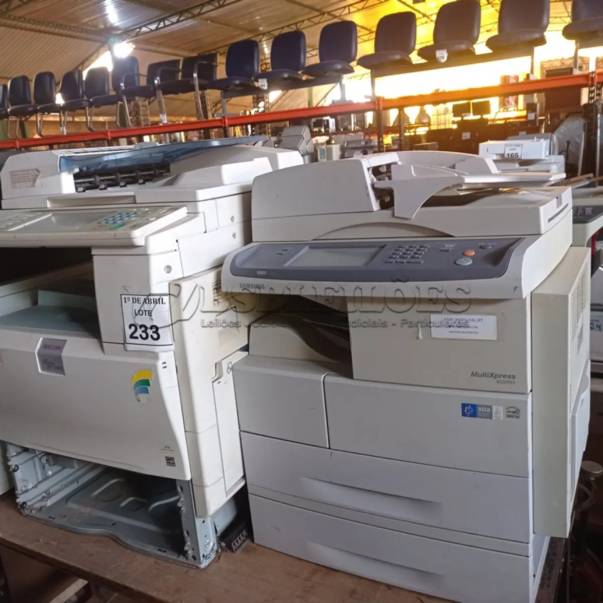 LOTE 233 - 01 IMPRESSORA RICOH MP C2051 E 01 IMPRESSORA SAMSUNG 6555NX. (NO ESTADO) ATENÇÃO! FAZER A VISITAÇÃO ANTES DE ARREMATAR, NÃO SABEMOS SE FUNCIONA. LEILÃO NÃO TEM GARANTIA E NEM DEVOLUÇÃO, SUJEITO A POSSÍVEIS AVARIAS VISÍVEIS/OCULTAS E/OU AUSÊNCIA DE COMPONENTES.