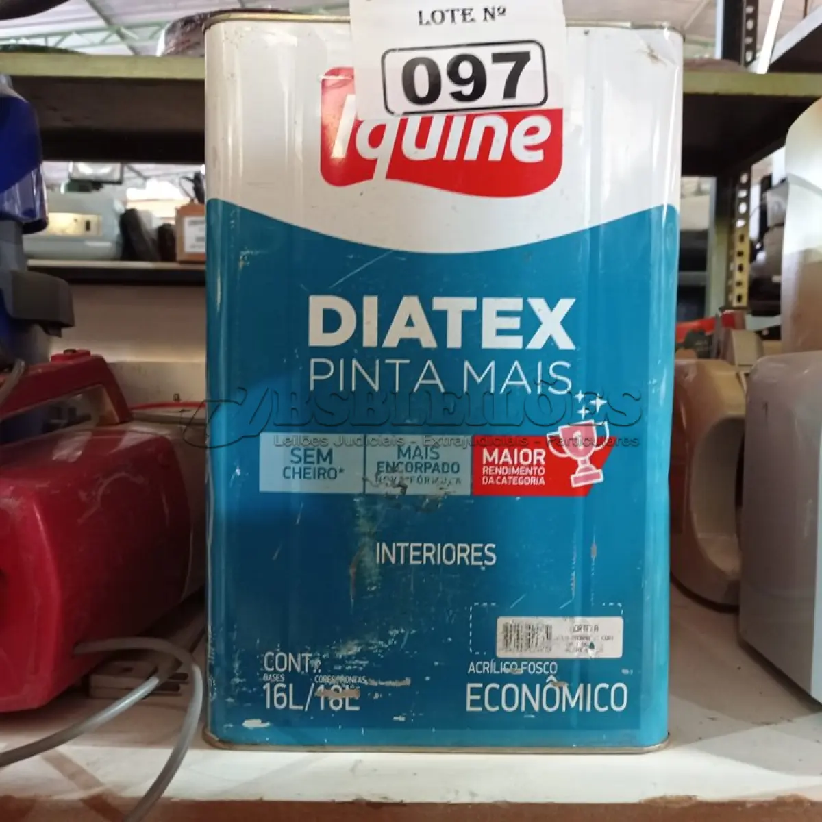 LOTE 097 - 01 LATA DE TINTA IQUINE DIATEX PINTA MAIS INTERIORES 18L NA COR HORTELÃ. (NO ESTADO) ATENÇÃO! FAZER A VISITAÇÃO ANTES DE ARREMATAR, NÃO SABEMOS SE FUNCIONA. LEILÃO NÃO TEM GARANTIA E NEM DEVOLUÇÃO, SUJEITO A POSSÍVEIS AVARIAS VISÍVEIS/OCULTAS E/OU AUSÊNCIA DE COMPONENTES.