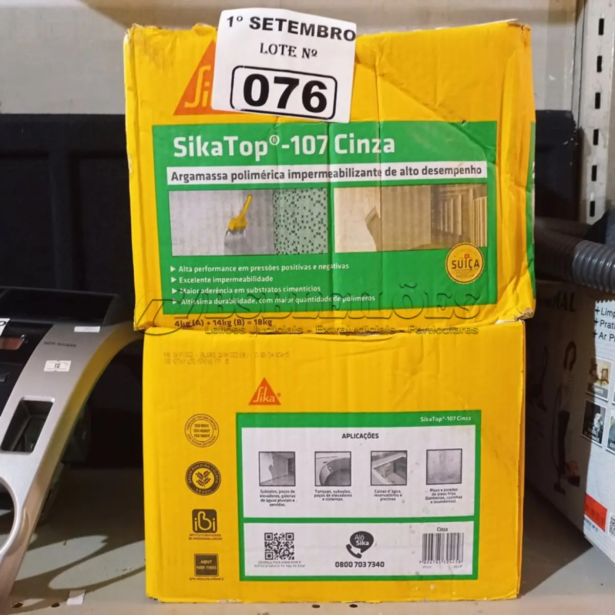 LOTE 076 - 02 CAIXAS COM SIKA TOP 107 CINZA 18KG, ARGAMASSA POLIMÉRICA IMPERMEABILIZANTE DE ALTO DESEMPENHO. (NO ESTADO) ATENÇÃO! FAZER A VISITAÇÃO ANTES DE ARREMATAR, NÃO SABEMOS SE FUNCIONA. LEILÃO NÃO TEM GARANTIA E NEM DEVOLUÇÃO, SUJEITO A POSSÍVEIS AVARIAS VISÍVEIS/OCULTAS E/OU AUSÊNCIA DE COMPONENTES.