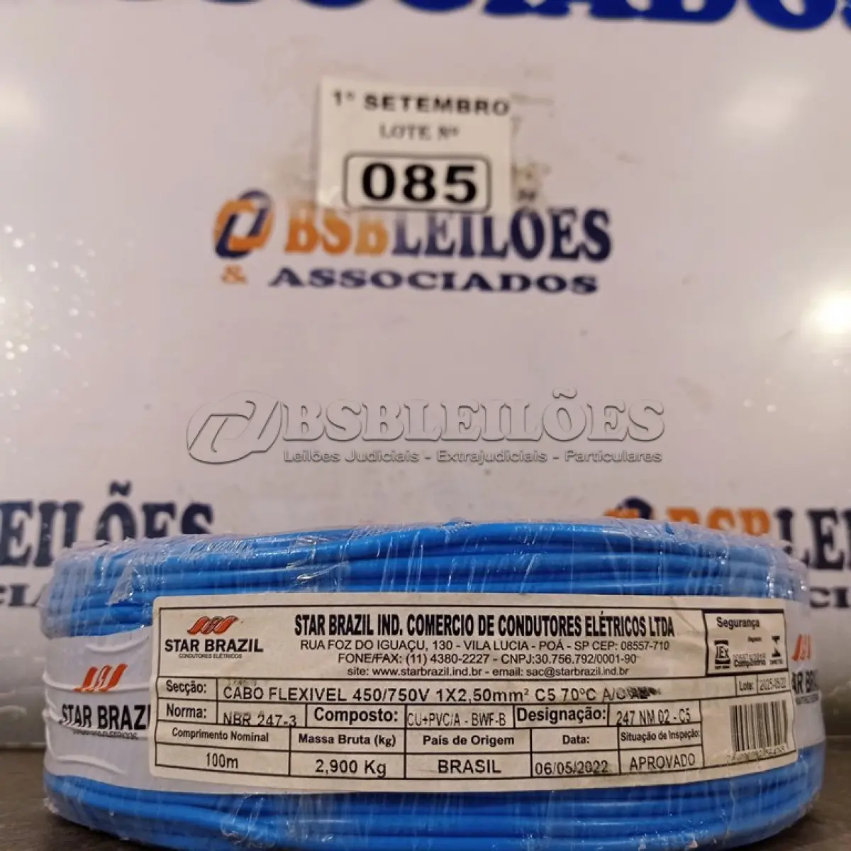 LOTE 085 - 01 ROLO DE CABO FLEXÍVEL 100M 2,5MM NA COR AZUL. (NO ESTADO) ATENÇÃO! FAZER A VISITAÇÃO ANTES DE ARREMATAR, NÃO SABEMOS SE FUNCIONA. LEILÃO NÃO TEM GARANTIA E NEM DEVOLUÇÃO, SUJEITO A POSSÍVEIS AVARIAS VISÍVEIS/OCULTAS E/OU AUSÊNCIA DE COMPONENTES.