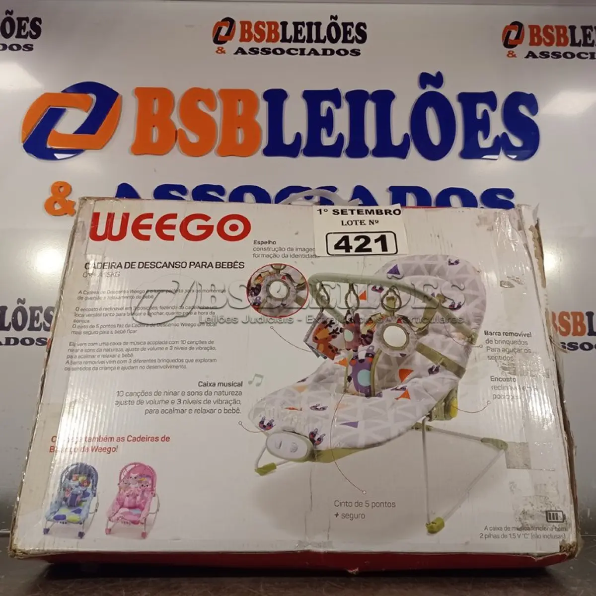 LOTE 421 - 01 CADEIRA DE DESCANSO PARA BEBES. (NO ESTADO) ATENÇÃO! FAZER A VISITAÇÃO ANTES DE ARREMATAR, NÃO SABEMOS SE FUNCIONA. LEILÃO NÃO TEM GARANTIA E NEM DEVOLUÇÃO, SUJEITO A POSSÍVEIS AVARIAS VISÍVEIS/OCULTAS E/OU AUSÊNCIA DE COMPONENTES.