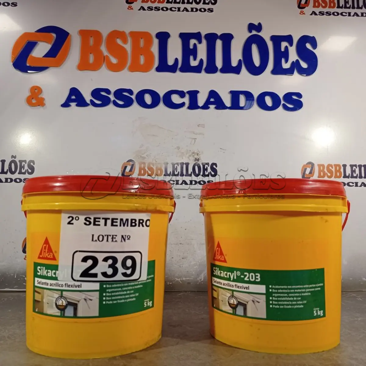 LOTE 239 - 02 BALDES DE SIKACRYL-203, SELANTE ACRÍLICO FLEXÍVEL 5KG. (NO ESTADO) ATENÇÃO! FAZER A VISITAÇÃO ANTES DE ARREMATAR, NÃO SABEMOS SE FUNCIONA. LEILÃO NÃO TEM GARANTIA E NEM DEVOLUÇÃO, SUJEITO A POSSÍVEIS AVARIAS VISÍVEIS/OCULTAS E/OU AUSÊNCIA DE COMPONENTES.