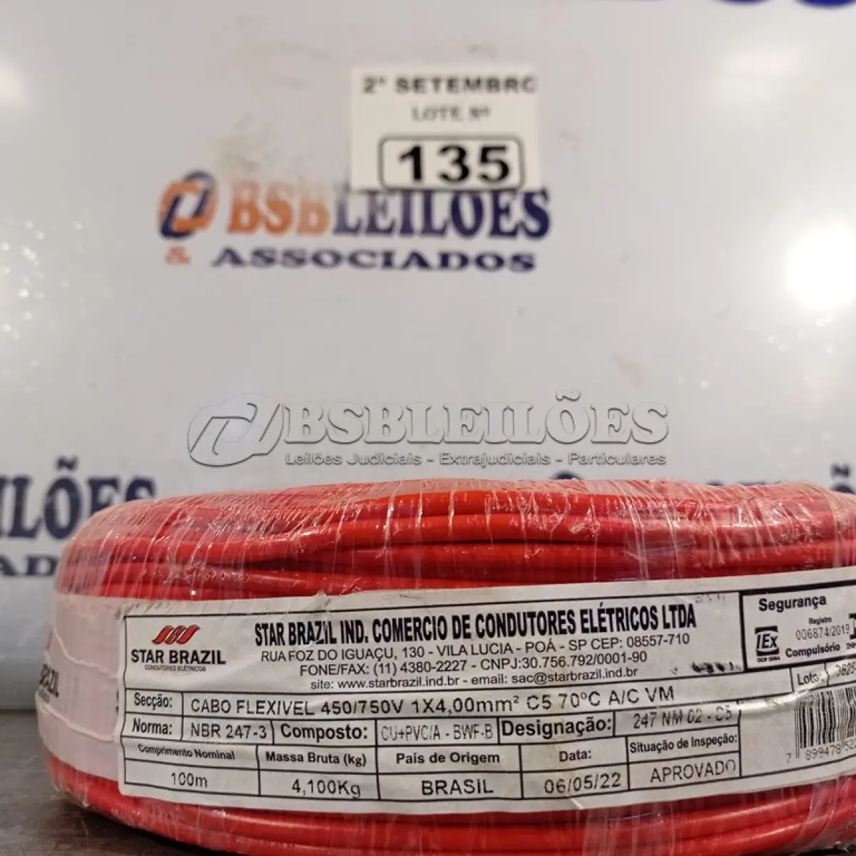 LOTE 135 - 01 ROLO DE CABO FLEXÍVEL 100M 1X4MM NA COR VERMELHA(NOVO). (NO ESTADO) ATENÇÃO! FAZER A VISITAÇÃO ANTES DE ARREMATAR, NÃO SABEMOS SE FUNCIONA. LEILÃO NÃO TEM GARANTIA E NEM DEVOLUÇÃO, SUJEITO A POSSÍVEIS AVARIAS VISÍVEIS/OCULTAS E/OU AUSÊNCIA DE COMPONENTES.