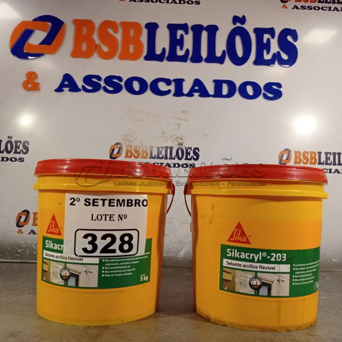 LOTE 328 - 02 BALDES DE SIKACRYL-203, SELANTE ACRÍLICO FLEXÍVEL 5KG. (NO ESTADO) ATENÇÃO! FAZER A VISITAÇÃO ANTES DE ARREMATAR, NÃO SABEMOS SE FUNCIONA. LEILÃO NÃO TEM GARANTIA E NEM DEVOLUÇÃO, SUJEITO A POSSÍVEIS AVARIAS VISÍVEIS/OCULTAS E/OU AUSÊNCIA DE COMPONENTES.