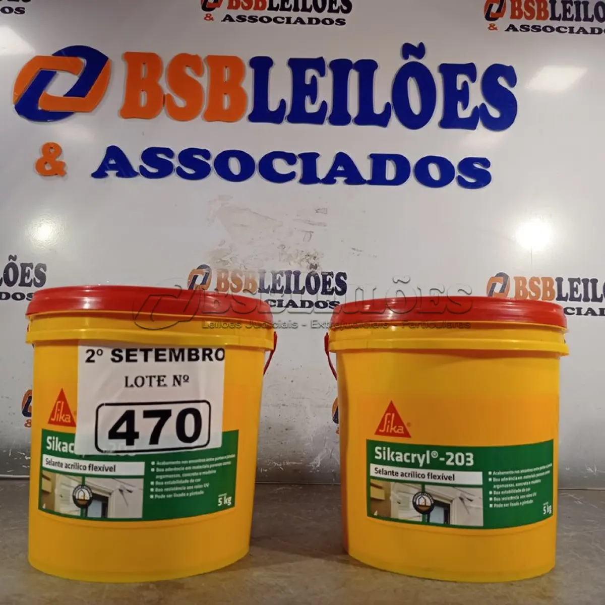 LOTE 470 - 02 BALDES DE SIKACRYL-203, SELANTE ACRÍLICO FLEXÍVEL 5KG. (NO ESTADO) ATENÇÃO! FAZER A VISITAÇÃO ANTES DE ARREMATAR, NÃO SABEMOS SE FUNCIONA. LEILÃO NÃO TEM GARANTIA E NEM DEVOLUÇÃO, SUJEITO A POSSÍVEIS AVARIAS VISÍVEIS/OCULTAS E/OU AUSÊNCIA DE COMPONENTES.
