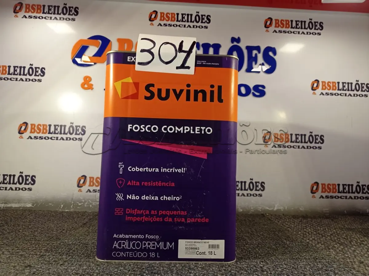LOTE 304 - 01 LATA DE TINTA SUVINIL FOSCO SEM CHEIRO COMPLETO EXTERIOR/INTERIOR  18 LITROS NA COR FOSCO BRANCO NEVE (NO ESTADO, NÃO SABEMOS SE FUNCIONA. LEILÃO NÃO TEM GARANTIA E NEM DEVOLUÇÃO, SUJEITO A POSSÍVEIS AVARIAS VISÍVEIS/OCULTAS E/OU AUSÊNCIA DE COMPONENTES)
