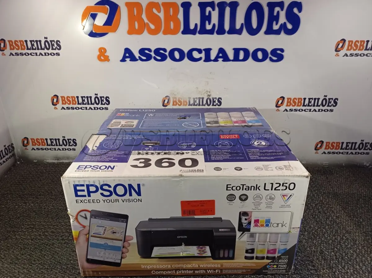 LOTE 360 - 01 - IMPRESSORA EPSON ECOTANK L1250, TANQUE DE TINTA WIRELESS, BIVOLT (NO ESTADO, NÃO SABEMOS SE FUNCIONA. LEILÃO NÃO TEM GARANTIA E NEM DEVOLUÇÃO, SUJEITO A POSSÍVEIS AVARIAS VISÍVEIS/OCULTAS E/OU AUSÊNCIA DE COMPONENTES)