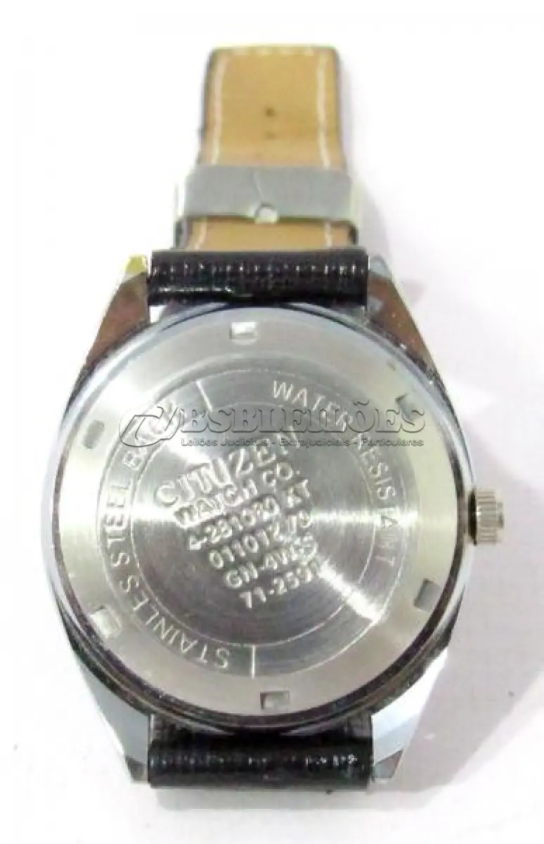 LOTE 276 - RELÓGIO RARO CITIZEN, MOSTRADOR NA TON AZUL SINALIZA DIA DO MÊS E SEMANA, AUTOMÁTICO, MECANISMO COM 21 SAFIRAS OU RUBIS, A PROVA D'ÁGUA, CAIXA EM AÇO, PULSEIRA EM COURO, (NO ESTADO)