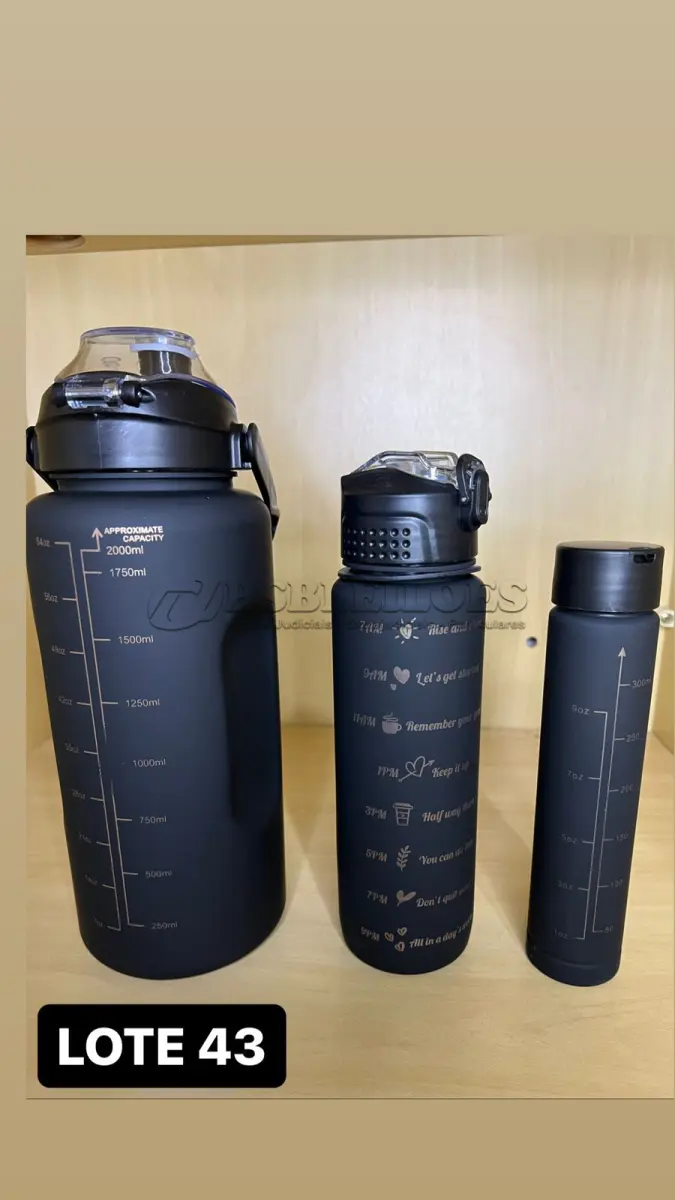 LOTE 043 - 01 KIT COM 3 GARRAFAS DE DIVERSOS TAMANHOS NA COR PRETA COM DOURADO(NO ESTADO)