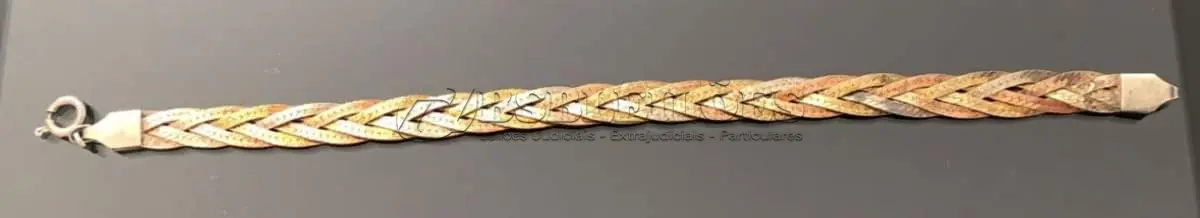 LOTE 305 - PULSEIRA PRATA 925,  COM BANHO DE OURO ROSÉ E AMARELO, MEDINDO 19 CM, (NO ESTADO)