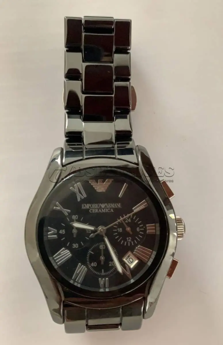 LOTE 303 - RELÓGIO ARMANI CERÂMICA, AR-1400 A ORIGINAL ACOMPANHA 03 GOMOS DE PULSEIRA. (NO ESTADO)