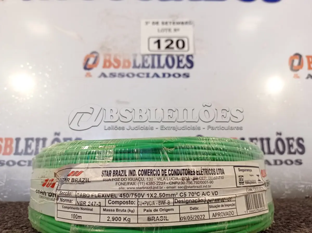 LOTE 120 - 01 ROLO DE CABO FLEXÍVEL 100M, 2,5MM NA COR VERDE. (NO ESTADO) ATENÇÃO! FAZER A VISITAÇÃO ANTES DE ARREMATAR, NÃO SABEMOS SE FUNCIONA. LEILÃO NÃO TEM GARANTIA E NEM DEVOLUÇÃO, SUJEITO A POSSÍVEIS AVARIAS VISÍVEIS/OCULTAS E/OU AUSÊNCIA DE COMPONENTES.