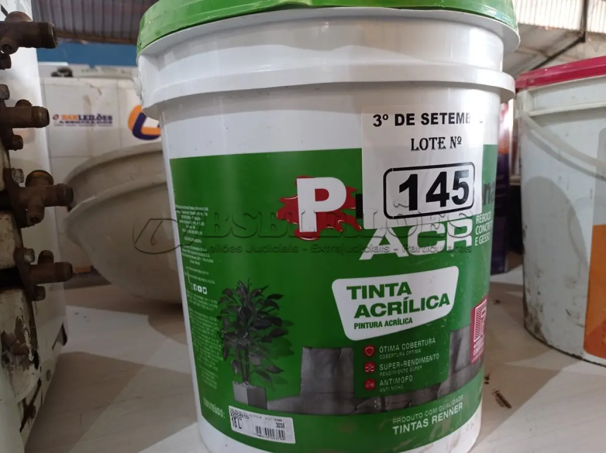 LOTE 145 - 01 BALDE DE TINTA ACRÍLICA 18L NA COR CONCRETO FOSCO. (NO ESTADO) ATENÇÃO! FAZER A VISITAÇÃO ANTES DE ARREMATAR, NÃO SABEMOS SE FUNCIONA. LEILÃO NÃO TEM GARANTIA E NEM DEVOLUÇÃO, SUJEITO A POSSÍVEIS AVARIAS VISÍVEIS/OCULTAS E/OU AUSÊNCIA DE COMPONENTES.