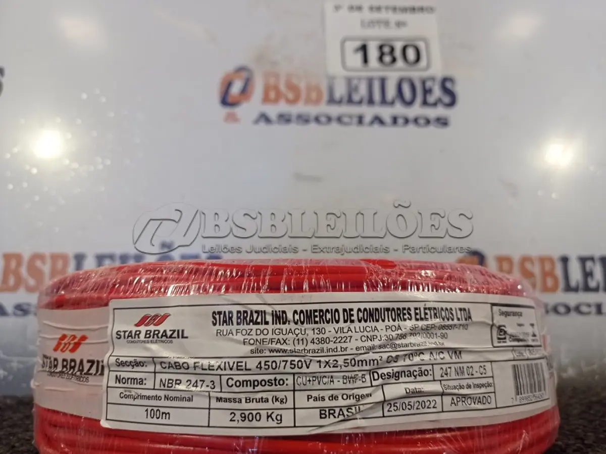 LOTE 180 - 01 ROLO DE CABO FLEXÍVEL 100M, 2,5MM NA COR VERMELHA. (NO ESTADO) ATENÇÃO! FAZER A VISITAÇÃO ANTES DE ARREMATAR, NÃO SABEMOS SE FUNCIONA. LEILÃO NÃO TEM GARANTIA E NEM DEVOLUÇÃO, SUJEITO A POSSÍVEIS AVARIAS VISÍVEIS/OCULTAS E/OU AUSÊNCIA DE COMPONENTES.