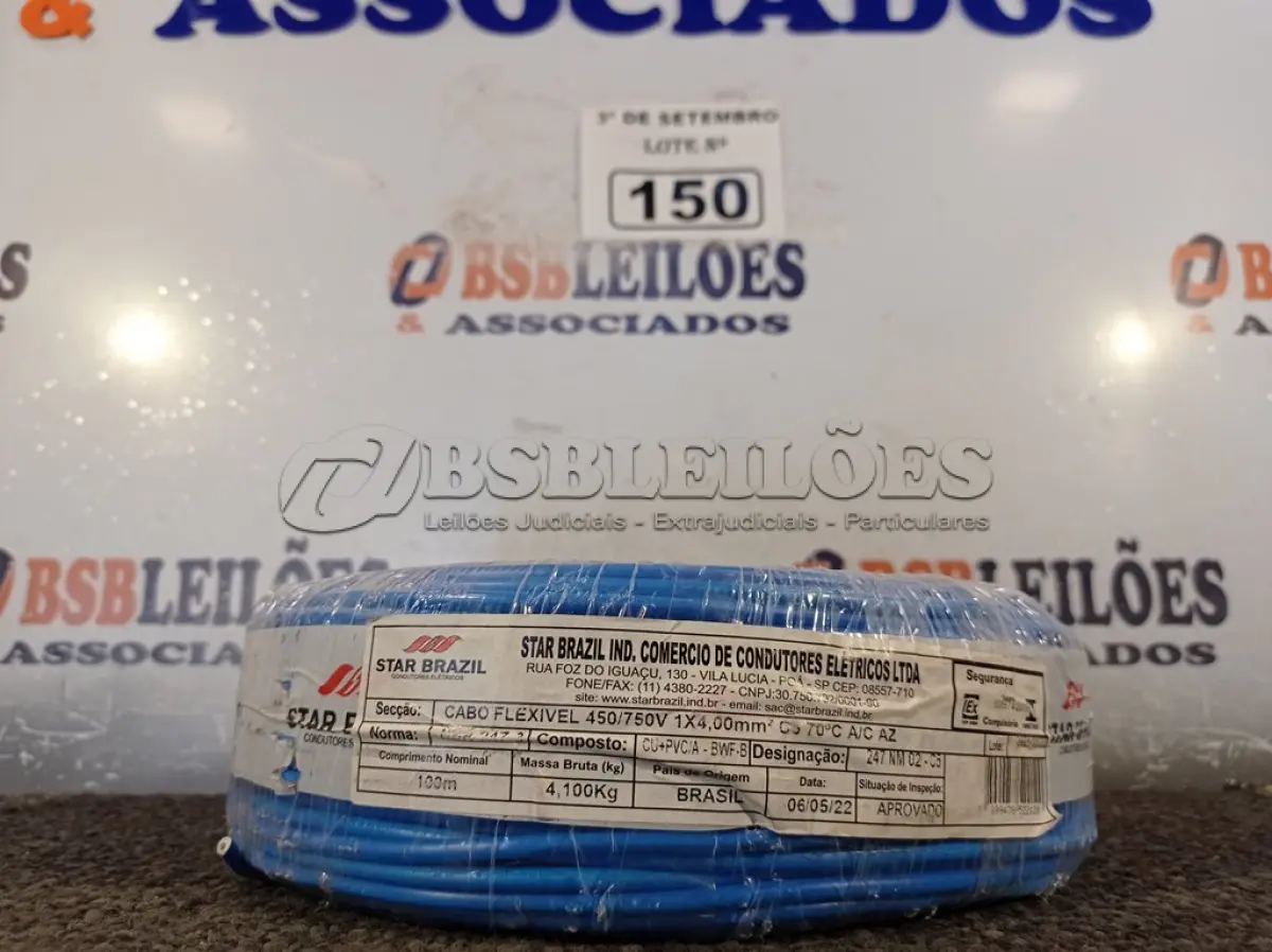 LOTE 150 - 01 ROLO DE CABO FLEXÍVEL 100M, 4MM NA COR AZUL. (NO ESTADO) ATENÇÃO! FAZER A VISITAÇÃO ANTES DE ARREMATAR, NÃO SABEMOS SE FUNCIONA. LEILÃO NÃO TEM GARANTIA E NEM DEVOLUÇÃO, SUJEITO A POSSÍVEIS AVARIAS VISÍVEIS/OCULTAS E/OU AUSÊNCIA DE COMPONENTES.