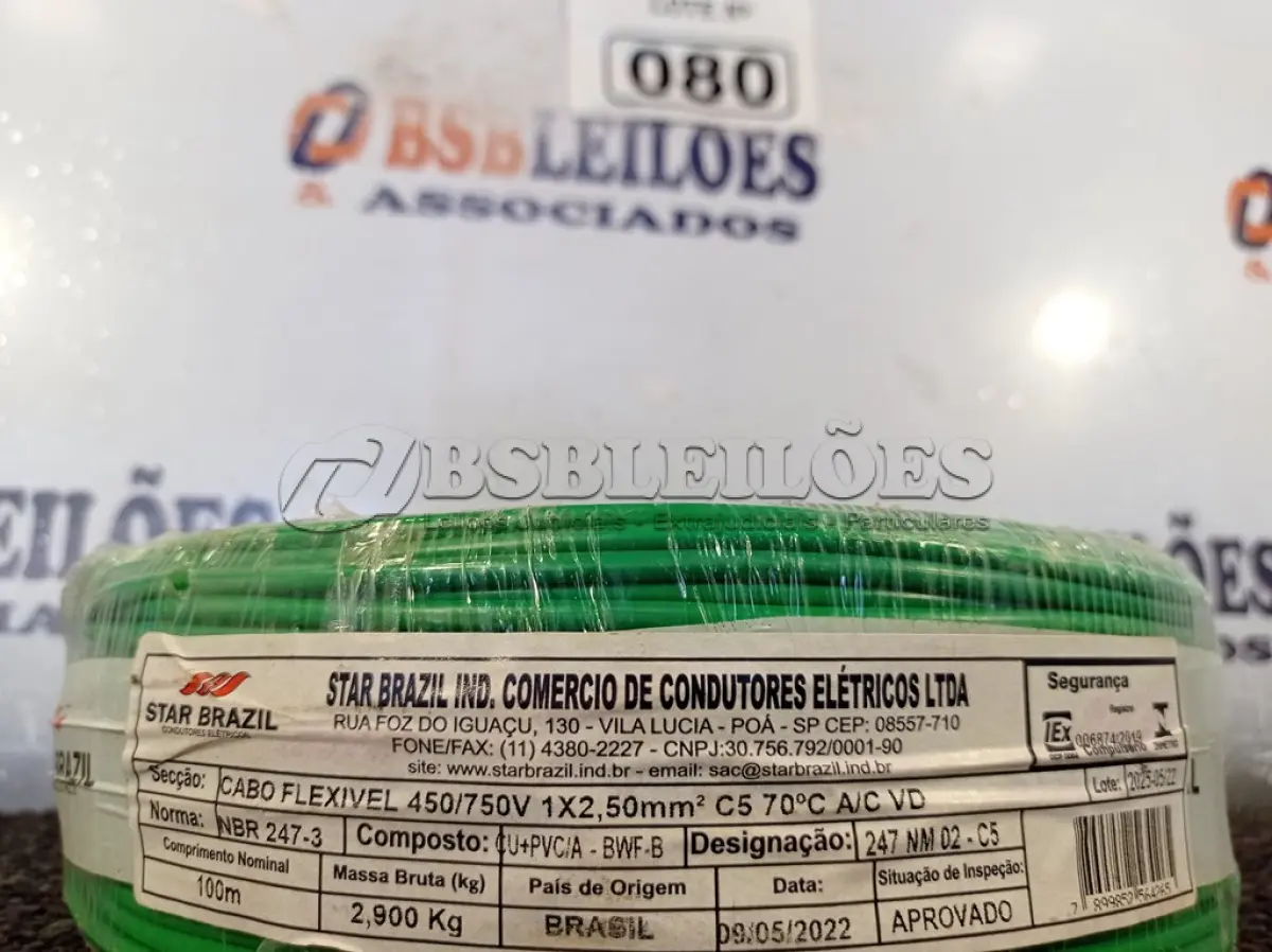 LOTE 080 - 01 ROLO DE CABO FLEXÍVEL 100M, 2,5MM NA COR VERDE. (NO ESTADO) ATENÇÃO! FAZER A VISITAÇÃO ANTES DE ARREMATAR, NÃO SABEMOS SE FUNCIONA. LEILÃO NÃO TEM GARANTIA E NEM DEVOLUÇÃO, SUJEITO A POSSÍVEIS AVARIAS VISÍVEIS/OCULTAS E/OU AUSÊNCIA DE COMPONENTES.