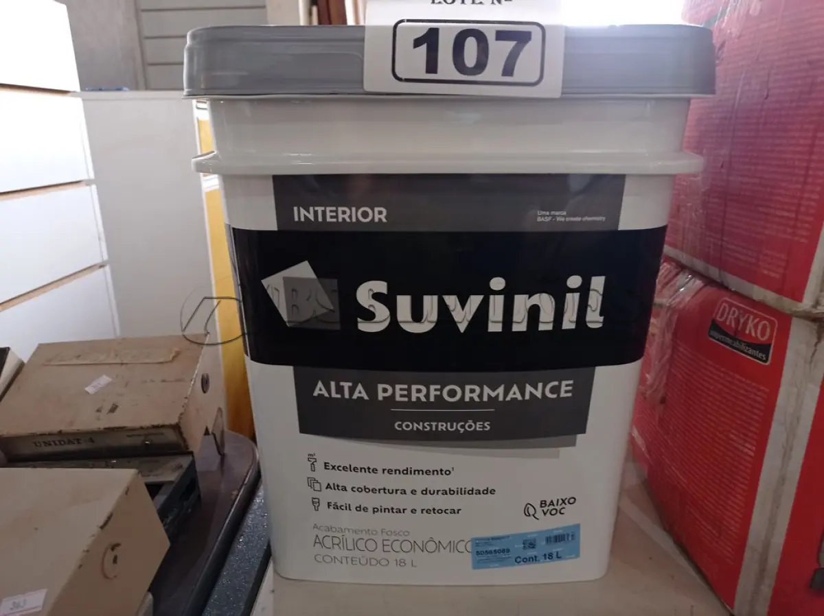 LOTE 107 - 01 BALDE DE TINTA SUVINIL INTERIORES ACRÍLICO FOSCO 18L NA COR FOSCO BRANCO. (NO ESTADO) ATENÇÃO! FAZER A VISITAÇÃO ANTES DE ARREMATAR, NÃO SABEMOS SE FUNCIONA. LEILÃO NÃO TEM GARANTIA E NEM DEVOLUÇÃO, SUJEITO A POSSÍVEIS AVARIAS VISÍVEIS/OCULTAS E/OU AUSÊNCIA DE COMPONENTES.