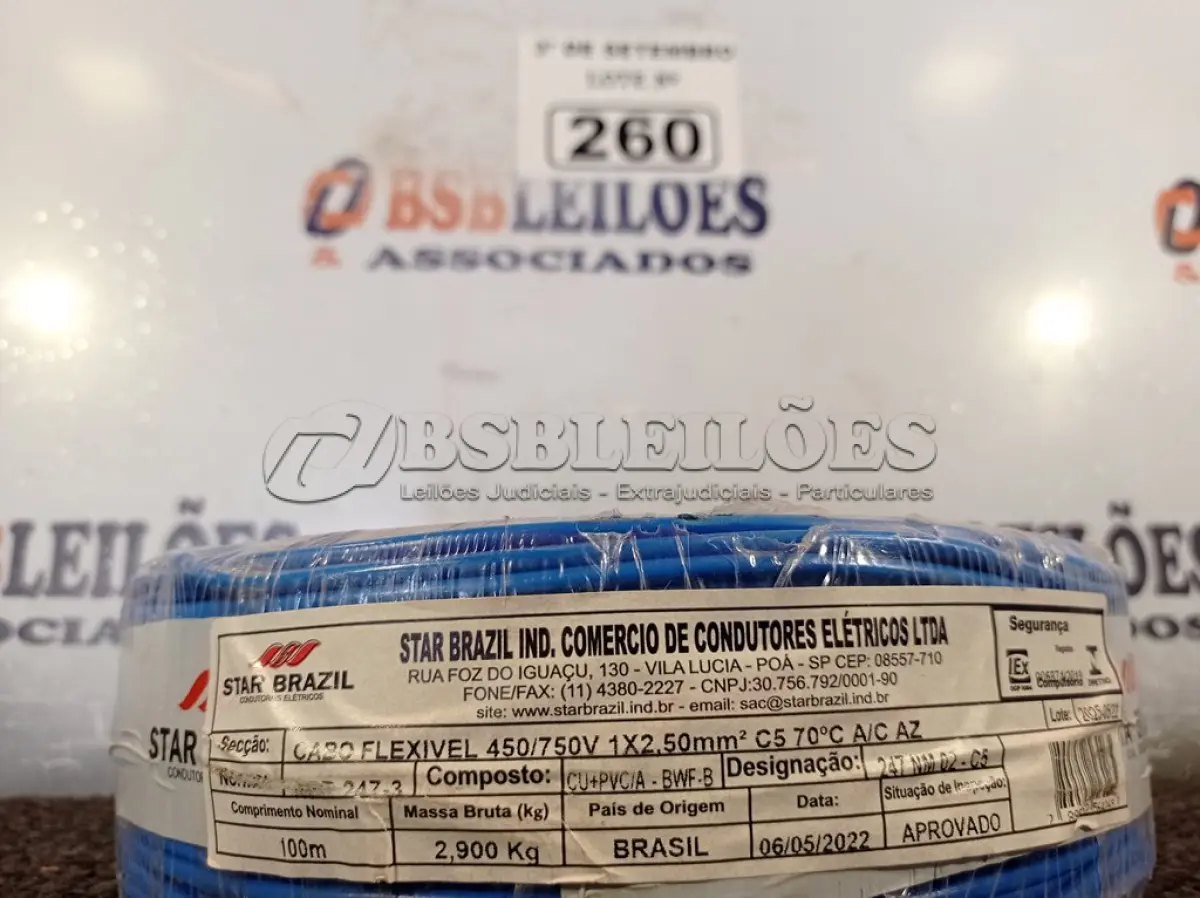 LOTE 260 - 01 ROLO DE CABO FLEXÍVEL 100M, 2,5MM NA COR AZUL. (NO ESTADO) ATENÇÃO! FAZER A VISITAÇÃO ANTES DE ARREMATAR, NÃO SABEMOS SE FUNCIONA. LEILÃO NÃO TEM GARANTIA E NEM DEVOLUÇÃO, SUJEITO A POSSÍVEIS AVARIAS VISÍVEIS/OCULTAS E/OU AUSÊNCIA DE COMPONENTES.