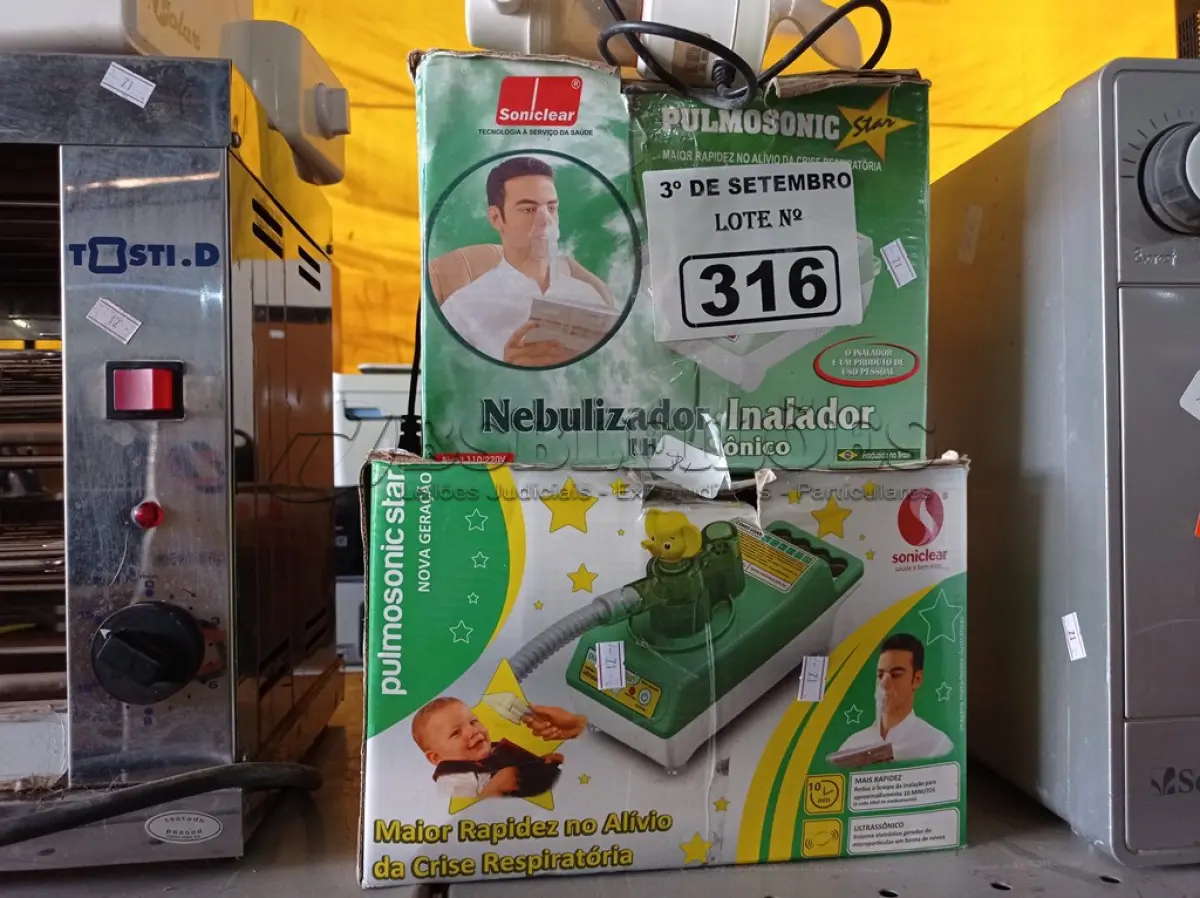 LOTE 316 - 05 APARELHOS NEBULIZADOR/INALADOR MARCAS E MODELOS DIVERSOS. (NO ESTADO) ATENÇÃO! FAZER A VISITAÇÃO ANTES DE ARREMATAR, NÃO SABEMOS SE FUNCIONA. LEILÃO NÃO TEM GARANTIA E NEM DEVOLUÇÃO, SUJEITO A POSSÍVEIS AVARIAS VISÍVEIS/OCULTAS E/OU AUSÊNCIA DE COMPONENTES.