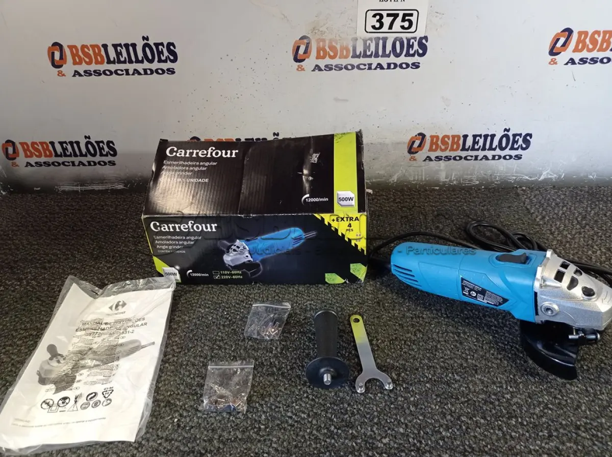 LOTE 375 - 01 ESMERILHADEIRA ANGULAR 500W 220V. (NO ESTADO) ATENÇÃO! FAZER A VISITAÇÃO ANTES DE ARREMATAR, NÃO SABEMOS SE FUNCIONA. LEILÃO NÃO TEM GARANTIA E NEM DEVOLUÇÃO, SUJEITO A POSSÍVEIS AVARIAS VISÍVEIS/OCULTAS E/OU AUSÊNCIA DE COMPONENTES.