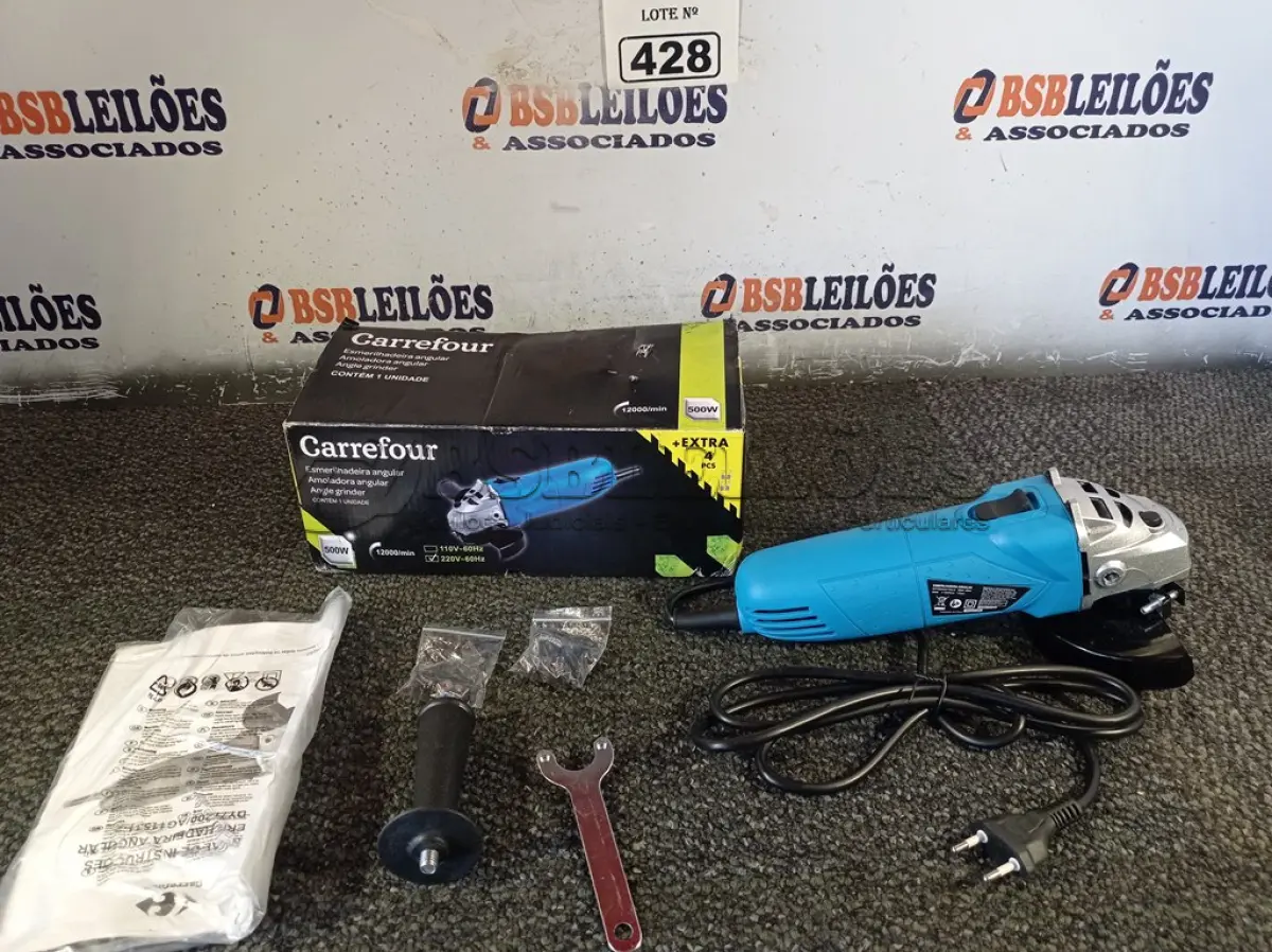 LOTE 428 - 01 ESMERILHADEIRA ANGULAR 500W 220V. (NO ESTADO) ATENÇÃO! FAZER A VISITAÇÃO ANTES DE ARREMATAR, NÃO SABEMOS SE FUNCIONA. LEILÃO NÃO TEM GARANTIA E NEM DEVOLUÇÃO, SUJEITO A POSSÍVEIS AVARIAS VISÍVEIS/OCULTAS E/OU AUSÊNCIA DE COMPONENTES.